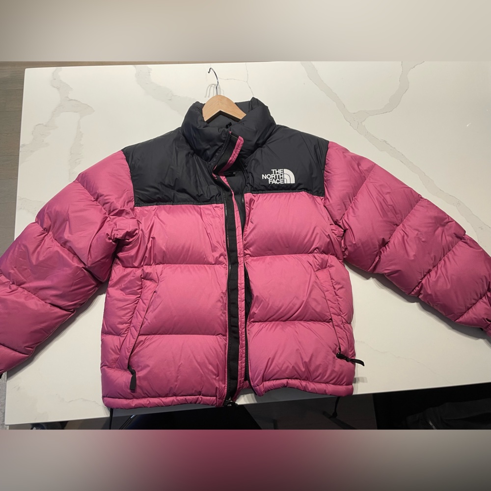 Pink North Face Puffer Jacket (worn once). Size medium. Less than a year old. - Picture 1 of 4